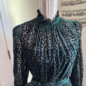 NWT Alex Marie “Skyler” Velvet Burnout Dress – Teal/Gold Metallic, Size 12